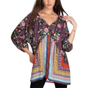 JOHNNY WAS Lookout Electra Women's Size Large 100% Silk Floral Pullover Tunic